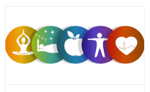 Pet narisanih krogov, kjer so znotraj kroga narisani (z leve proti desni): oseba v joga poziciji (rumen), oseba, ki spi v postelji (zelen), jabolko (moder), stoječa oseba z razširjenima rokama (vijolična) in srce z utripom (rdeče)