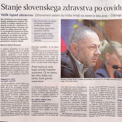 Članek z naslovom Stanje slovenskega zdravstva po covidu-19 in fotografijo ministra za zdravje