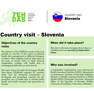 Prva stran poročila o obisku Slovenije z logom TEHDAS in slovensko zastavo
