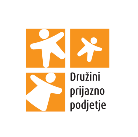 3 bele figure (moška, ženska, otrok) na 3 oranžnih kvadratkih in napis Družini prijazno podjetje