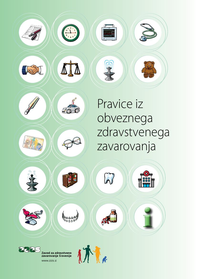 Naslovnica brošure Pravice iz obveznega zdravstvenega zavarovanja s številnimi grafičnimi elementi, od recepta, zdravil, očal do stiska rok in bolnice