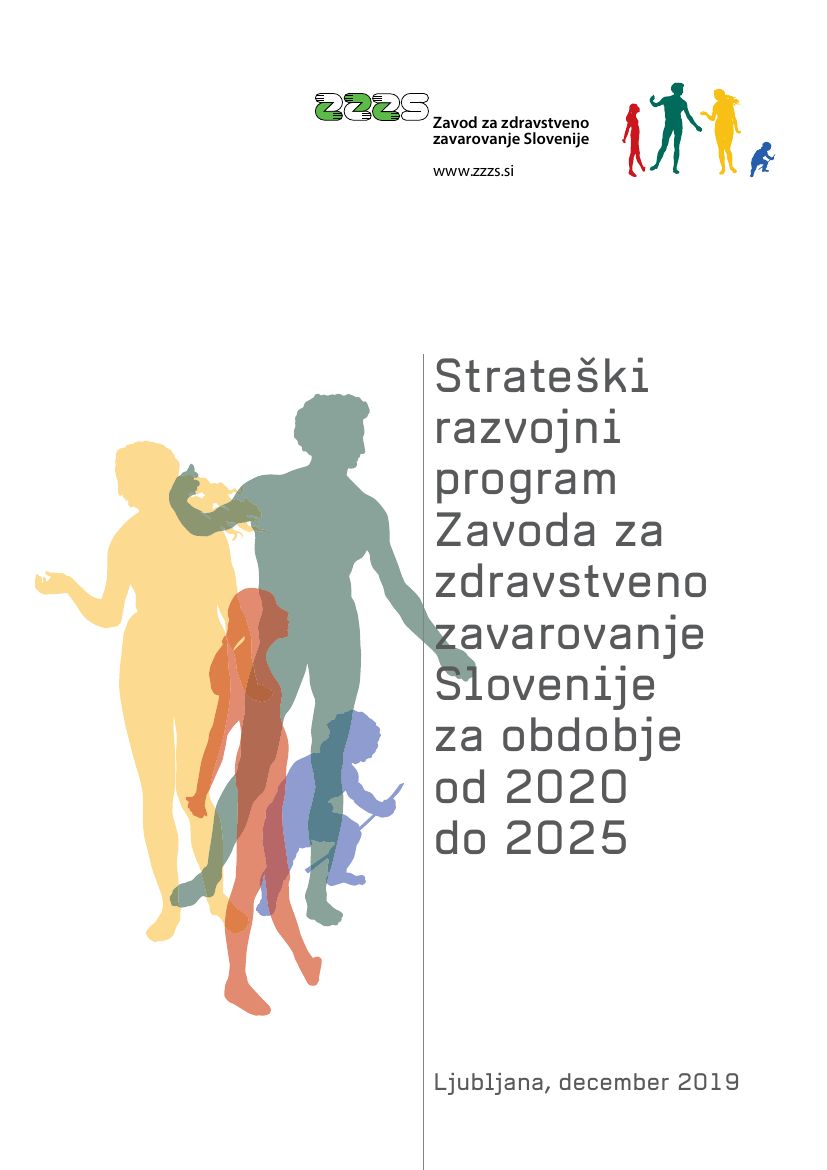 Naslovnica publikacije Strateški razvojni program ZZZS za obdobje 2020-2025 s 4 figurami ljudi iz logotipa ZZZS