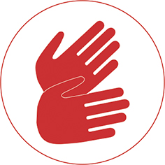 skica 2 dlani, rdeče pobarvanih, ki gledata ena proti drugi in obkroženi z rdečim krogom